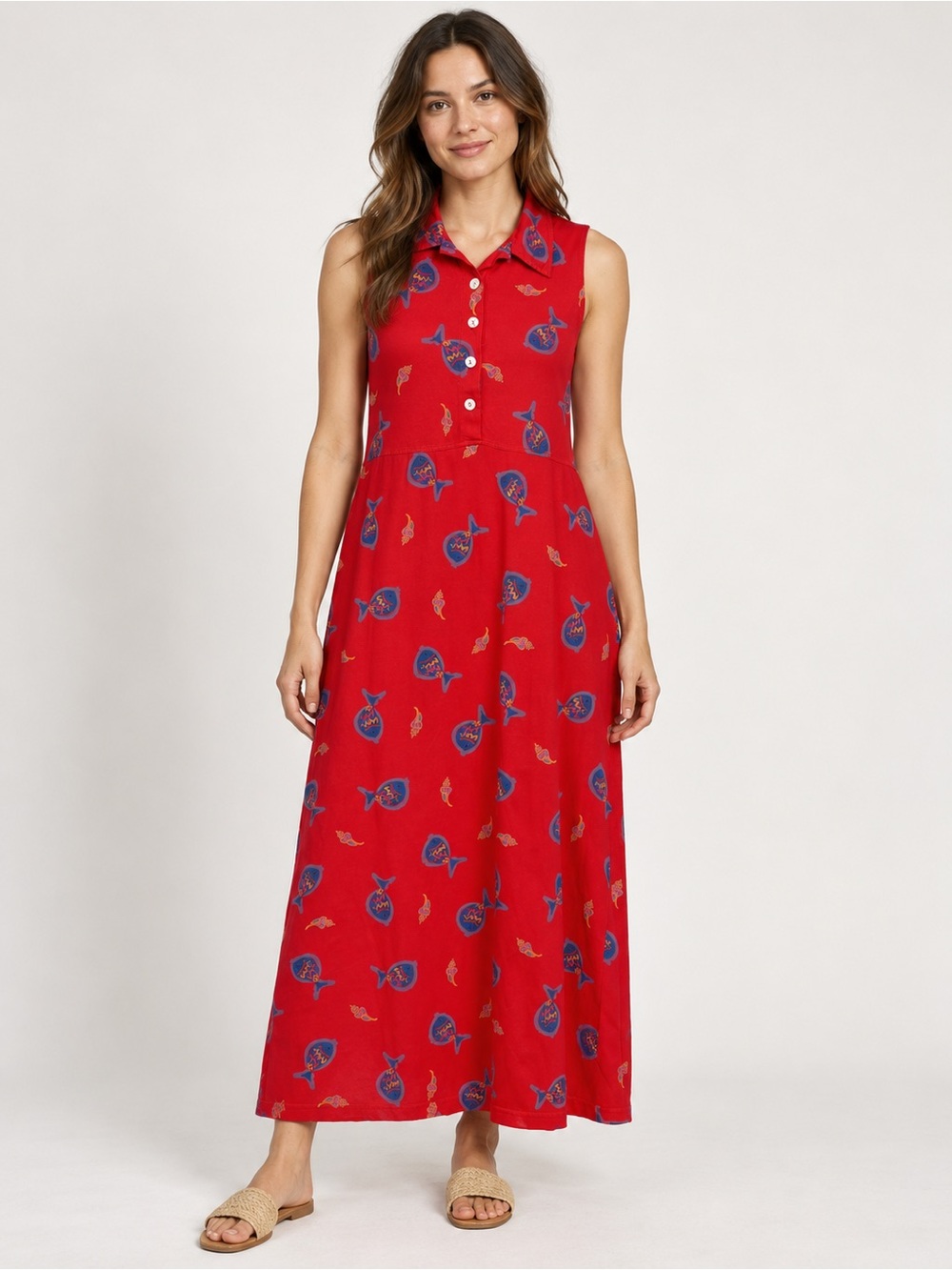 Vintage Zip Code Red Fish Print Cotton Sleeveless Maxi Dress Size L